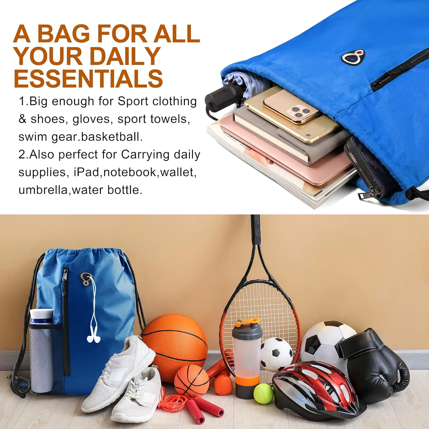 Drawstring Backpack Sports Gym Bag for Women Men Large Size With Two Zipper Pockets and Water Bottle Mesh Pockets