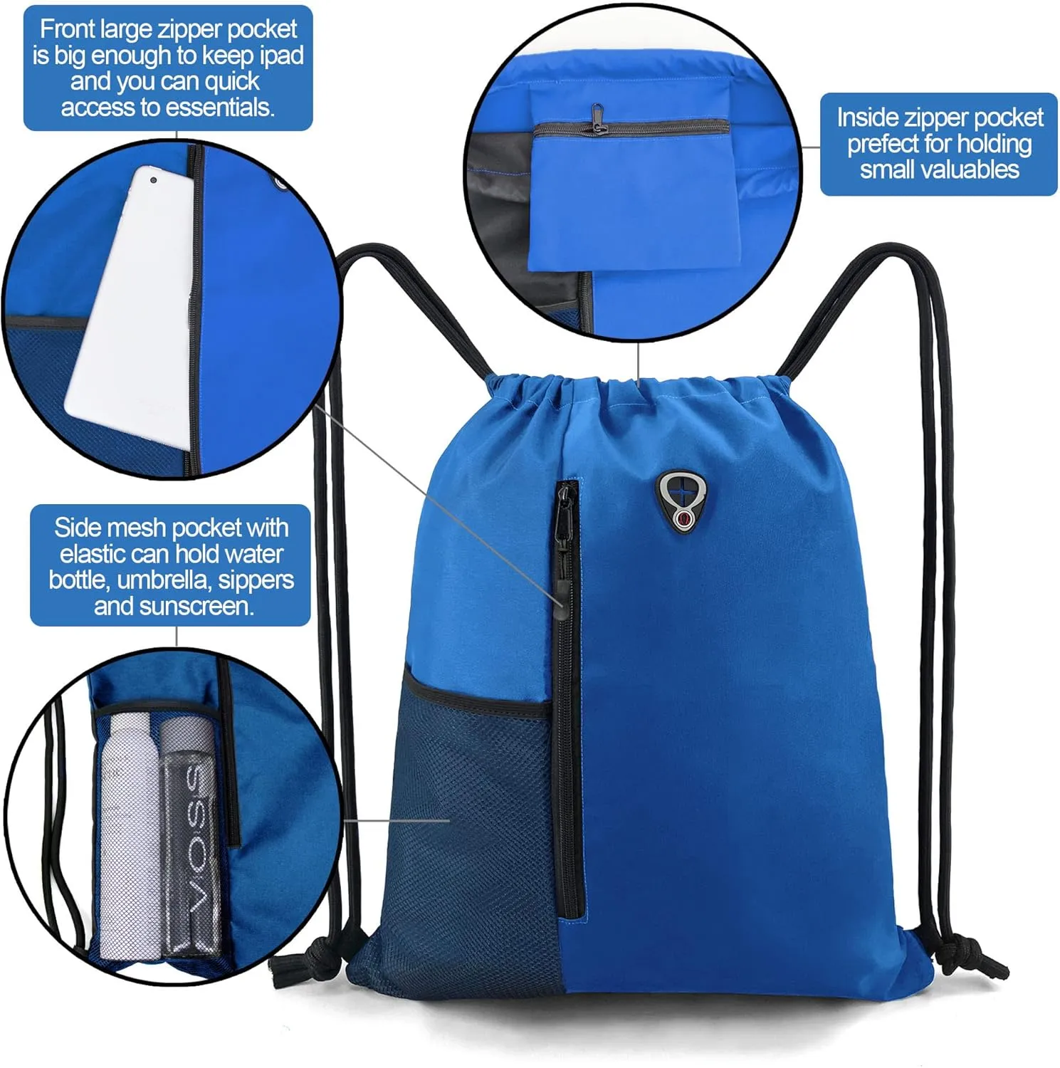 Drawstring Backpack Sports Gym Bag for Women Men Large Size With Two Zipper Pockets and Water Bottle Mesh Pockets