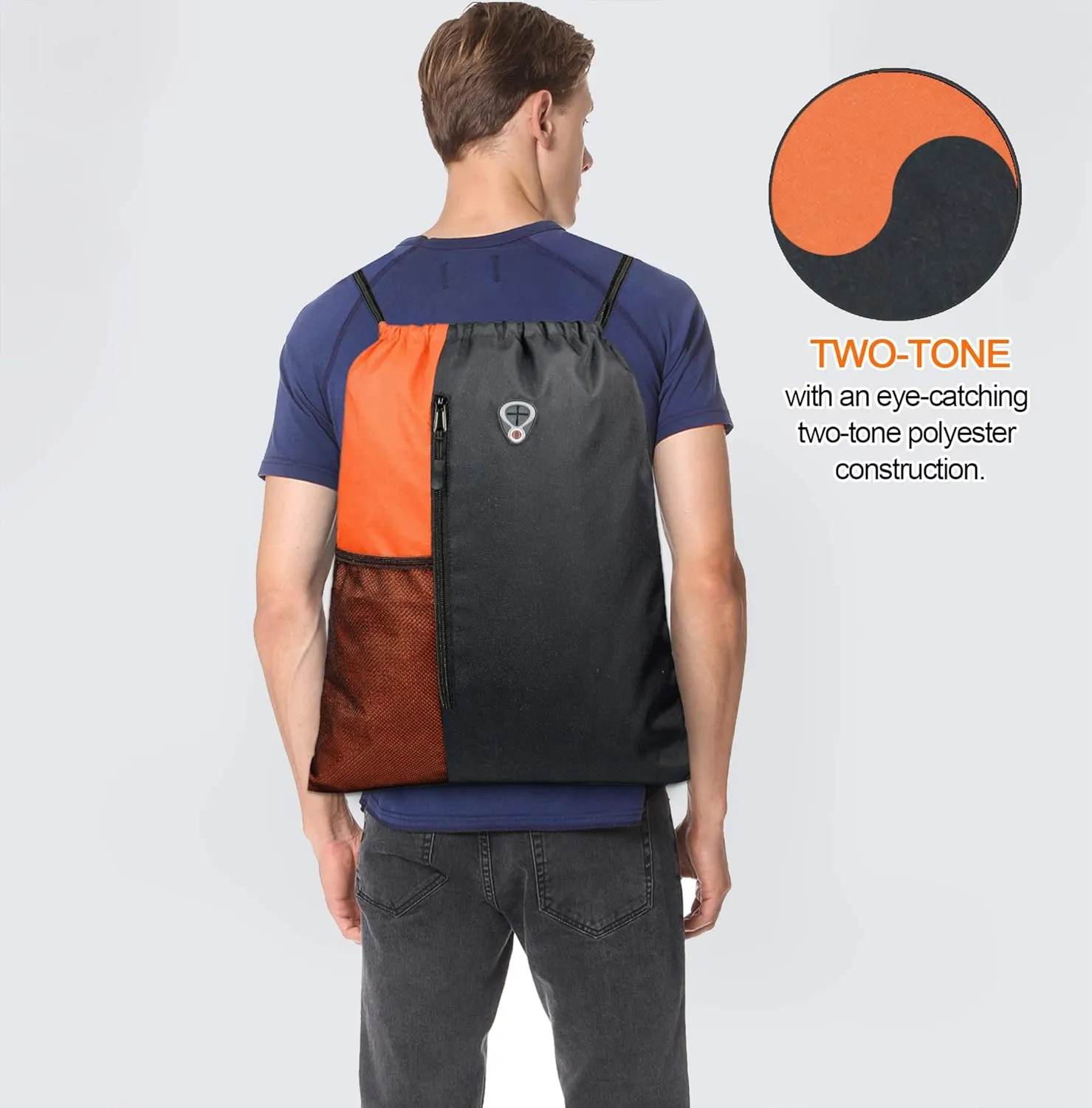 Drawstring Backpack Sports Gym Bag for Women Men Large Size With Two Zipper Pockets and Water Bottle Mesh Pockets