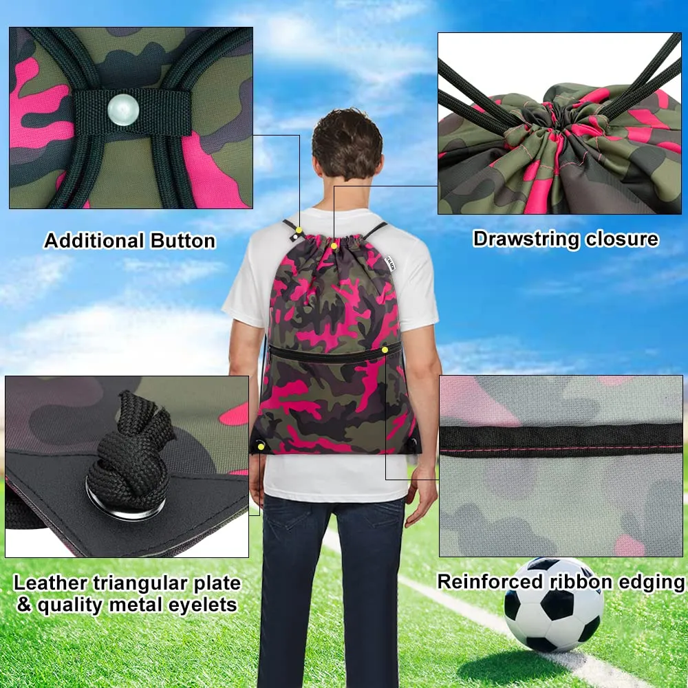Drawstring Backpack Sports Gym Bag With Multi Pockets PinkGreen Camo HLC004