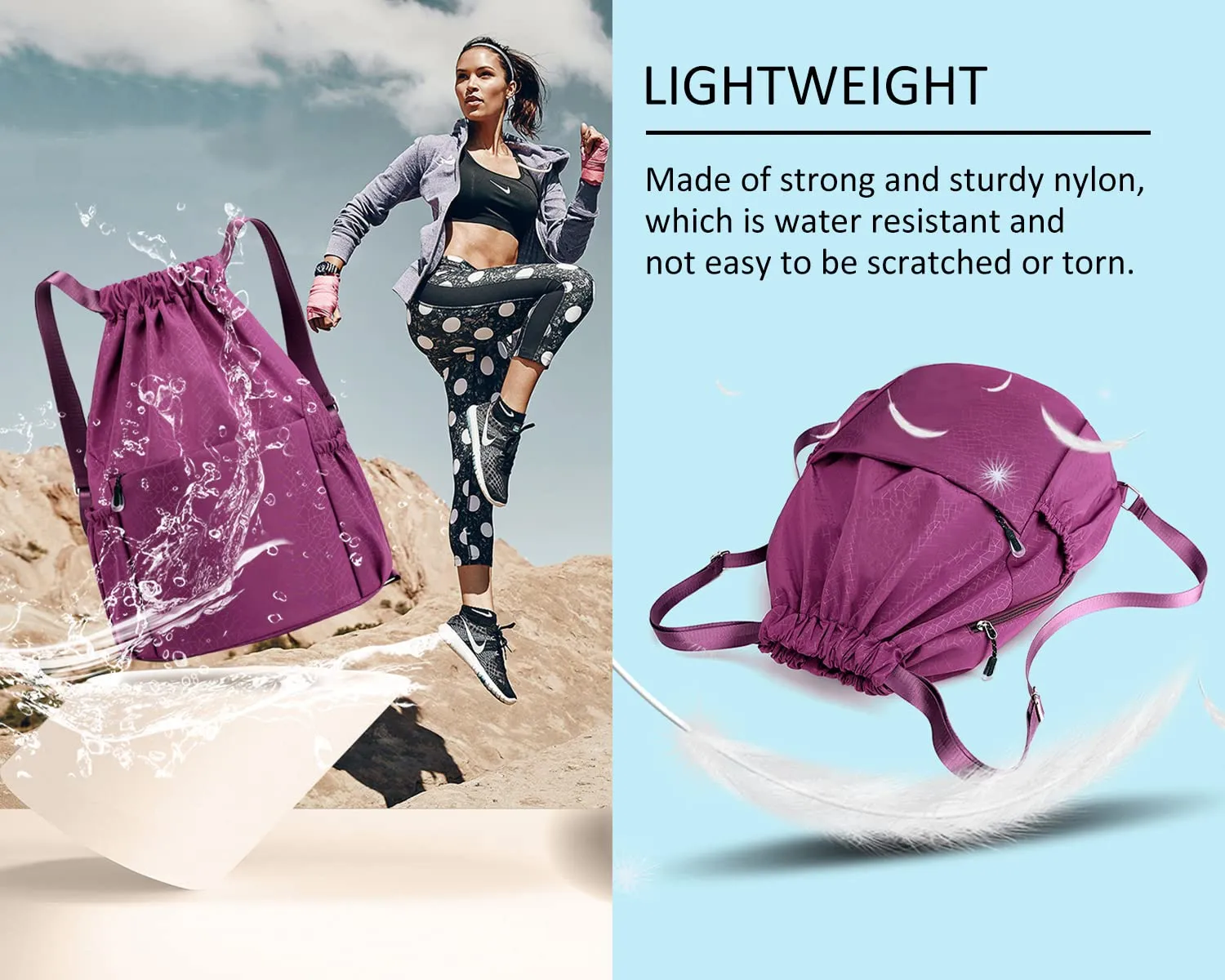 Drawstring Backpack Sports Gym Bag With Multi Pockets Purple  HLC040