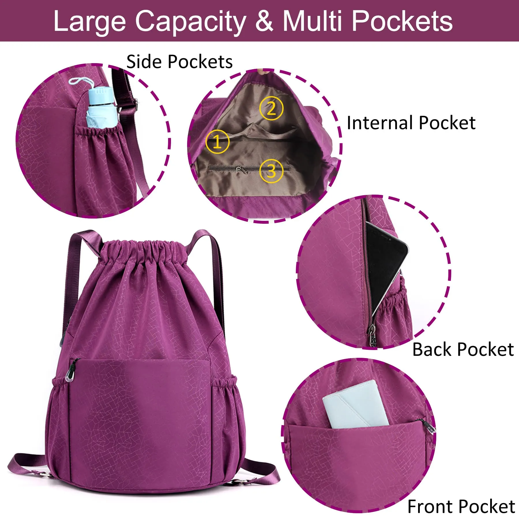Drawstring Backpack Sports Gym Bag With Multi Pockets Purple  HLC040