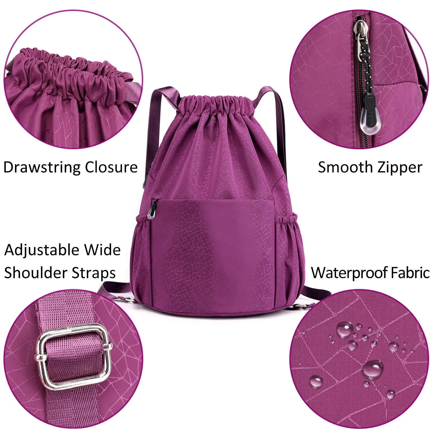 Drawstring Backpack Sports Gym Bag With Multi Pockets Purple  HLC040