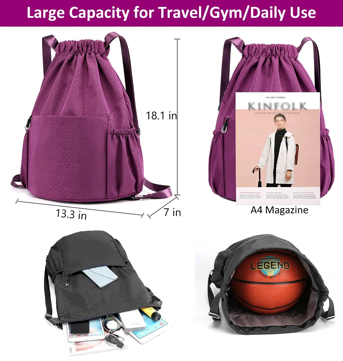 Drawstring Backpack Sports Gym Bag With Multi Pockets Purple  HLC040
