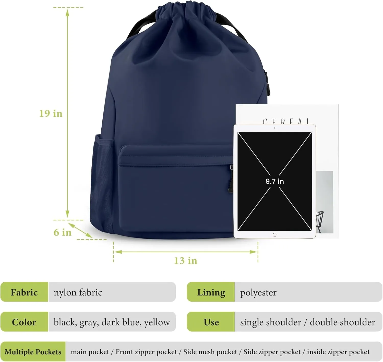 Drawstring Backpack Waterproof Drawstring Backpack Bag Sports Gym Bag with Side Pocket for Women Men (Blue)