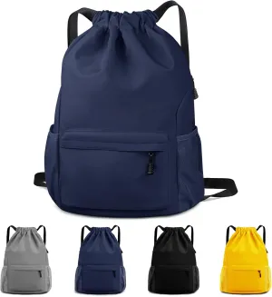 Drawstring Backpack Waterproof Drawstring Backpack Bag Sports Gym Bag with Side Pocket for Women Men (Blue)