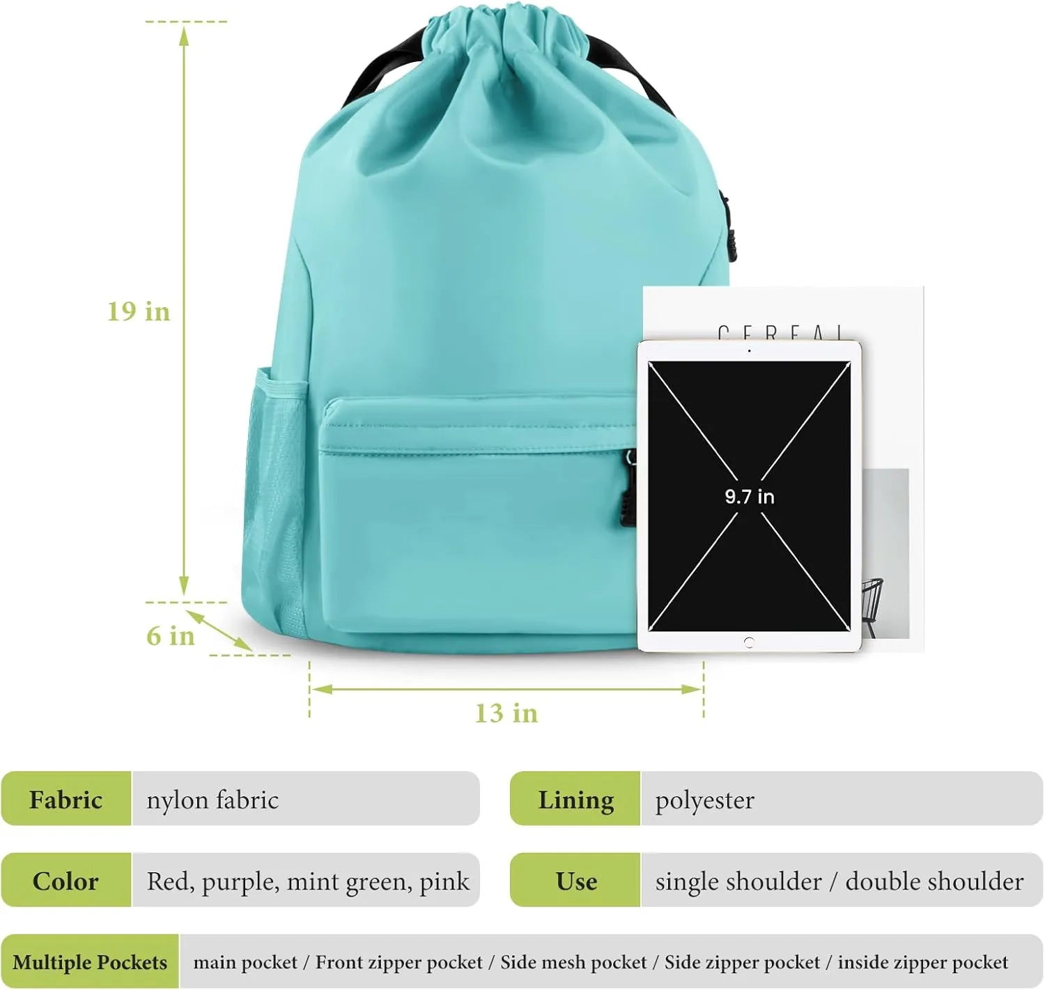 Drawstring Backpack Waterproof Drawstring Backpack Bag Sports Gym Bag with Side Pocket for Women Men (Green)