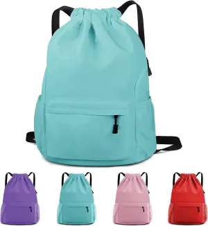 Drawstring Backpack Waterproof Drawstring Backpack Bag Sports Gym Bag with Side Pocket for Women Men (Green)