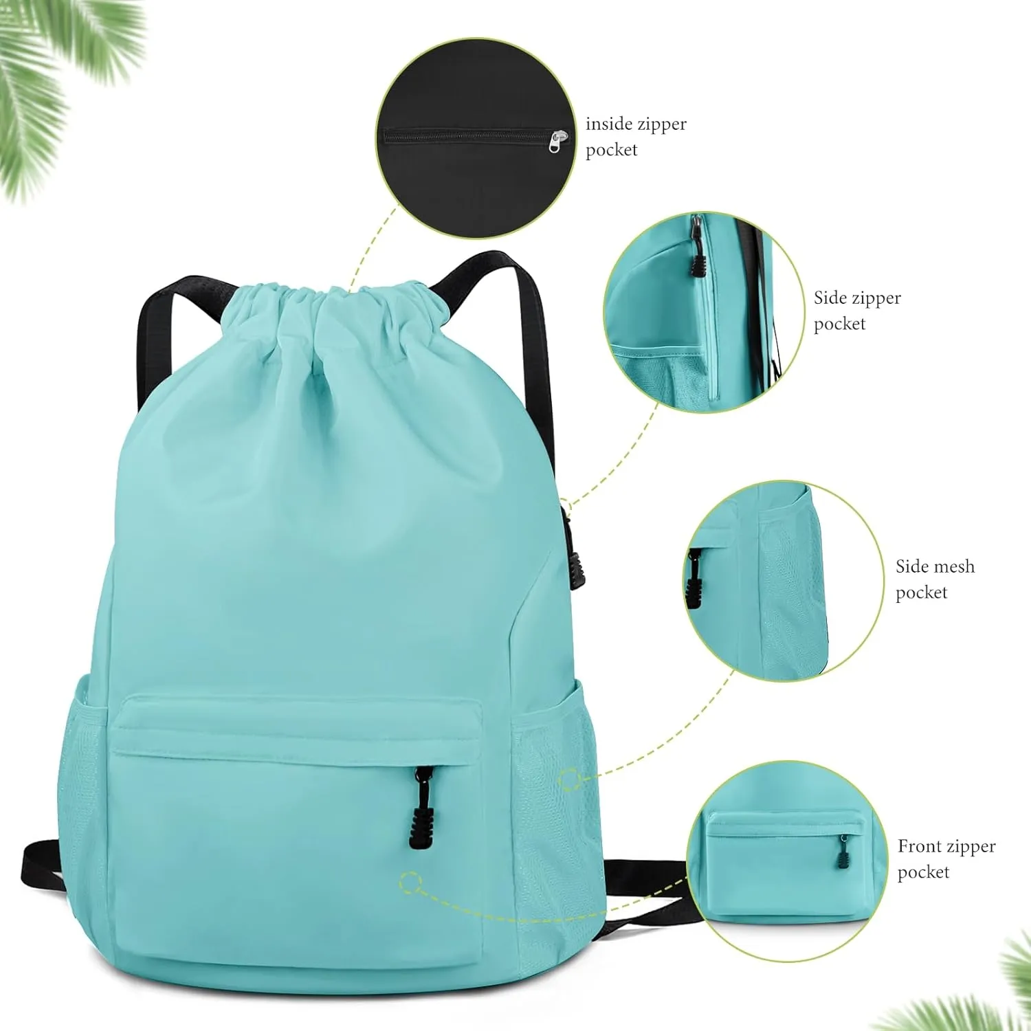 Drawstring Backpack Waterproof Drawstring Backpack Bag Sports Gym Bag with Side Pocket for Women Men (Green)