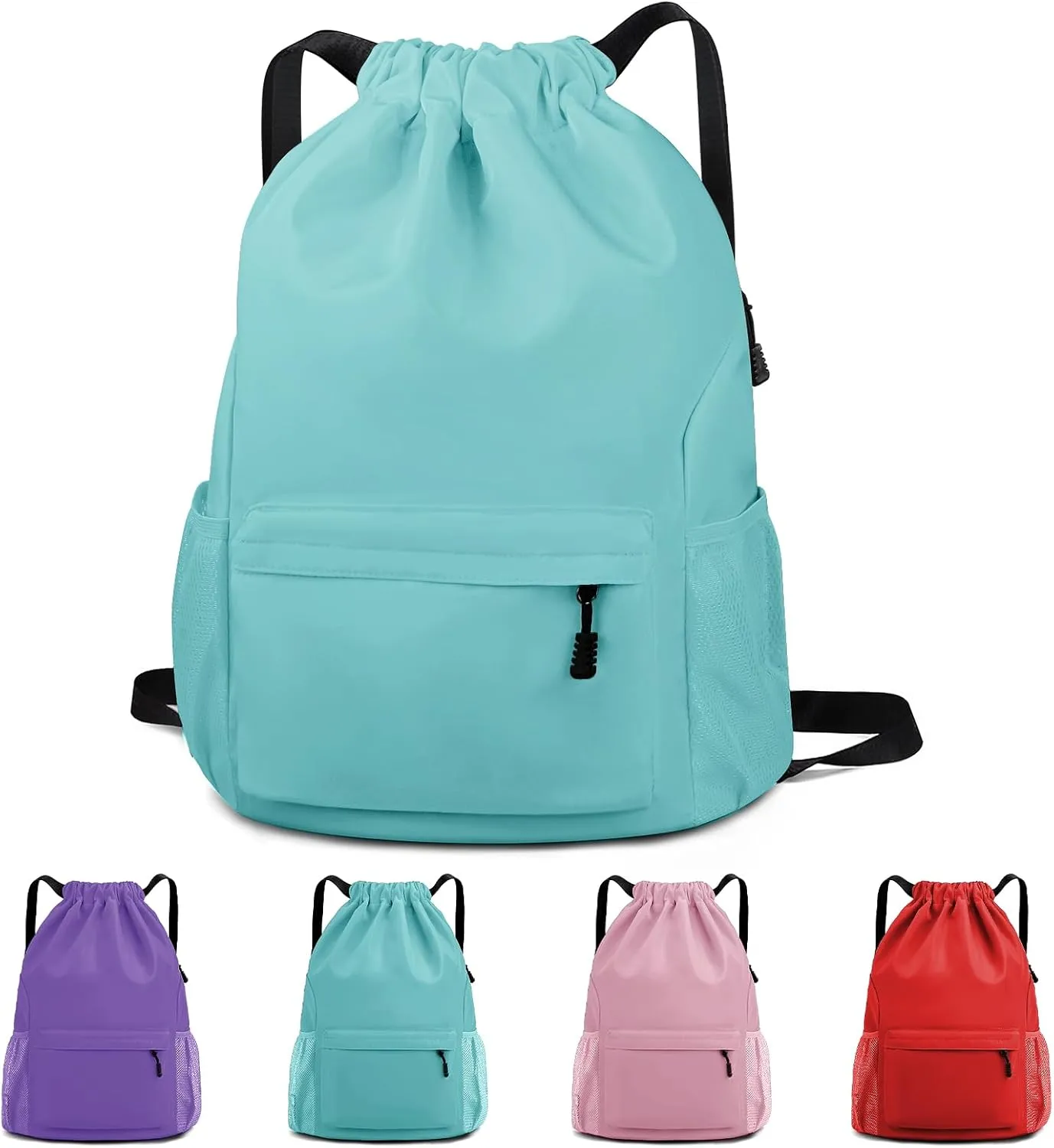 Drawstring Backpack Waterproof Drawstring Backpack Bag Sports Gym Bag with Side Pocket for Women Men (Green)