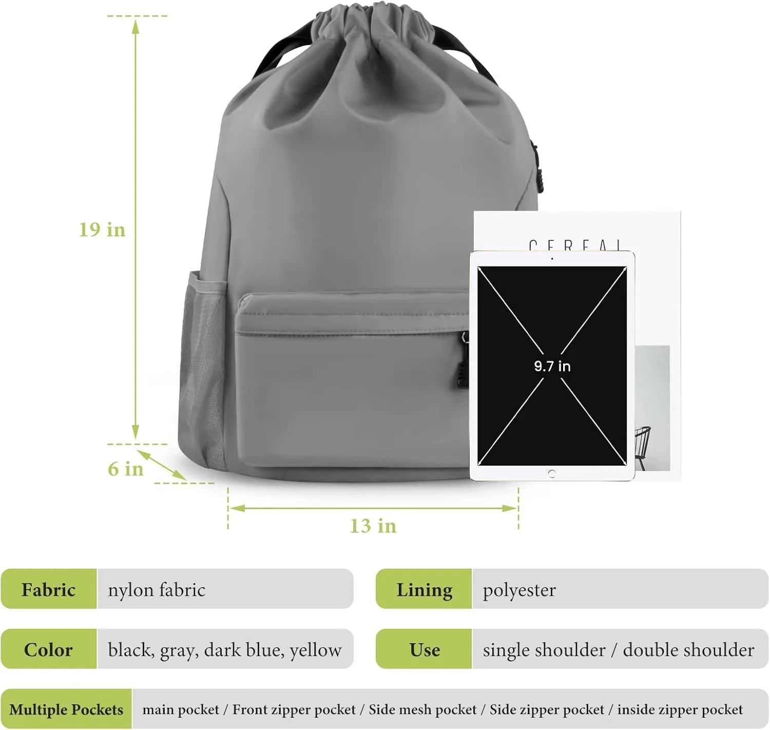 Drawstring Backpack Waterproof Drawstring Backpack Bag Sports Gym Bag with Side Pocket for Women Men (Grey)