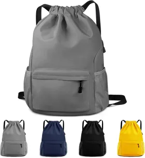 Drawstring Backpack Waterproof Drawstring Backpack Bag Sports Gym Bag with Side Pocket for Women Men (Grey)