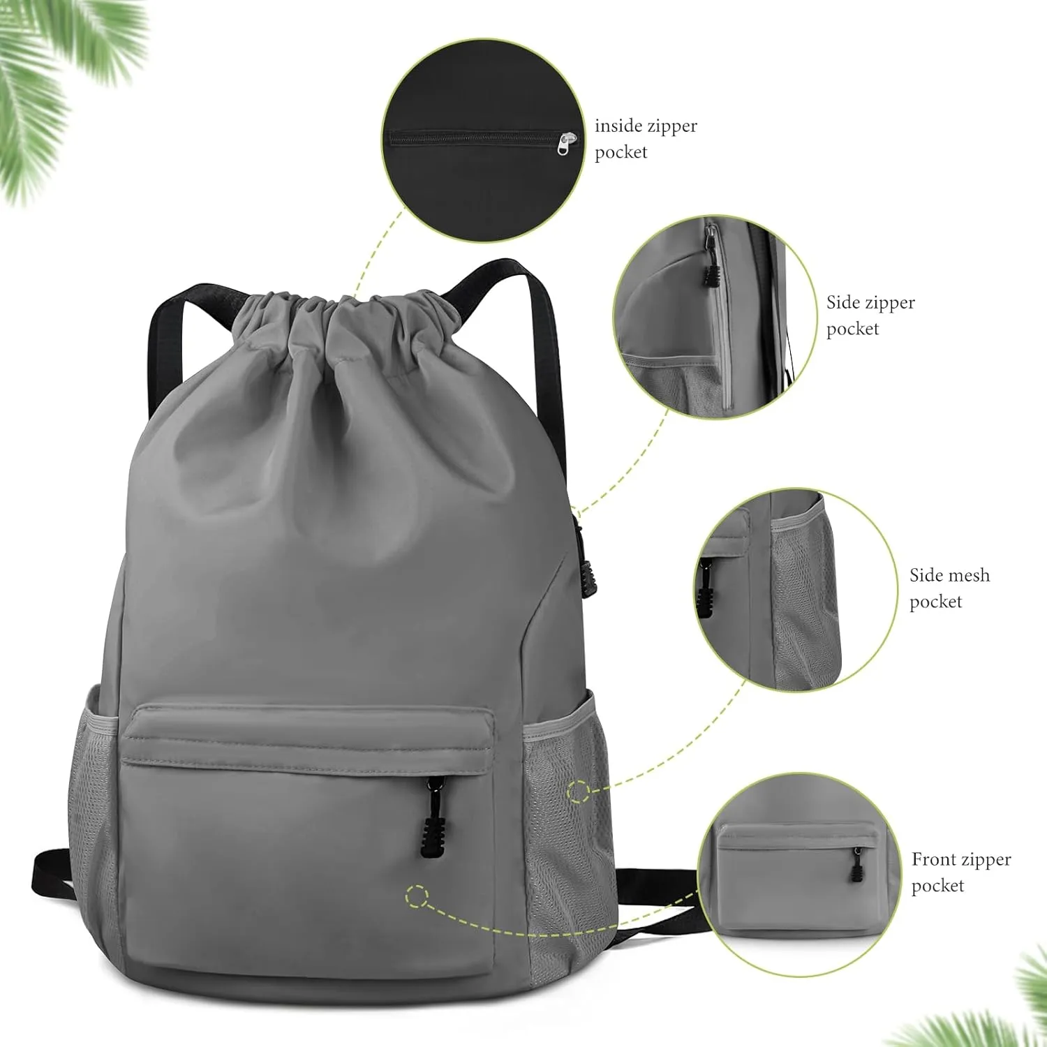 Drawstring Backpack Waterproof Drawstring Backpack Bag Sports Gym Bag with Side Pocket for Women Men (Grey)
