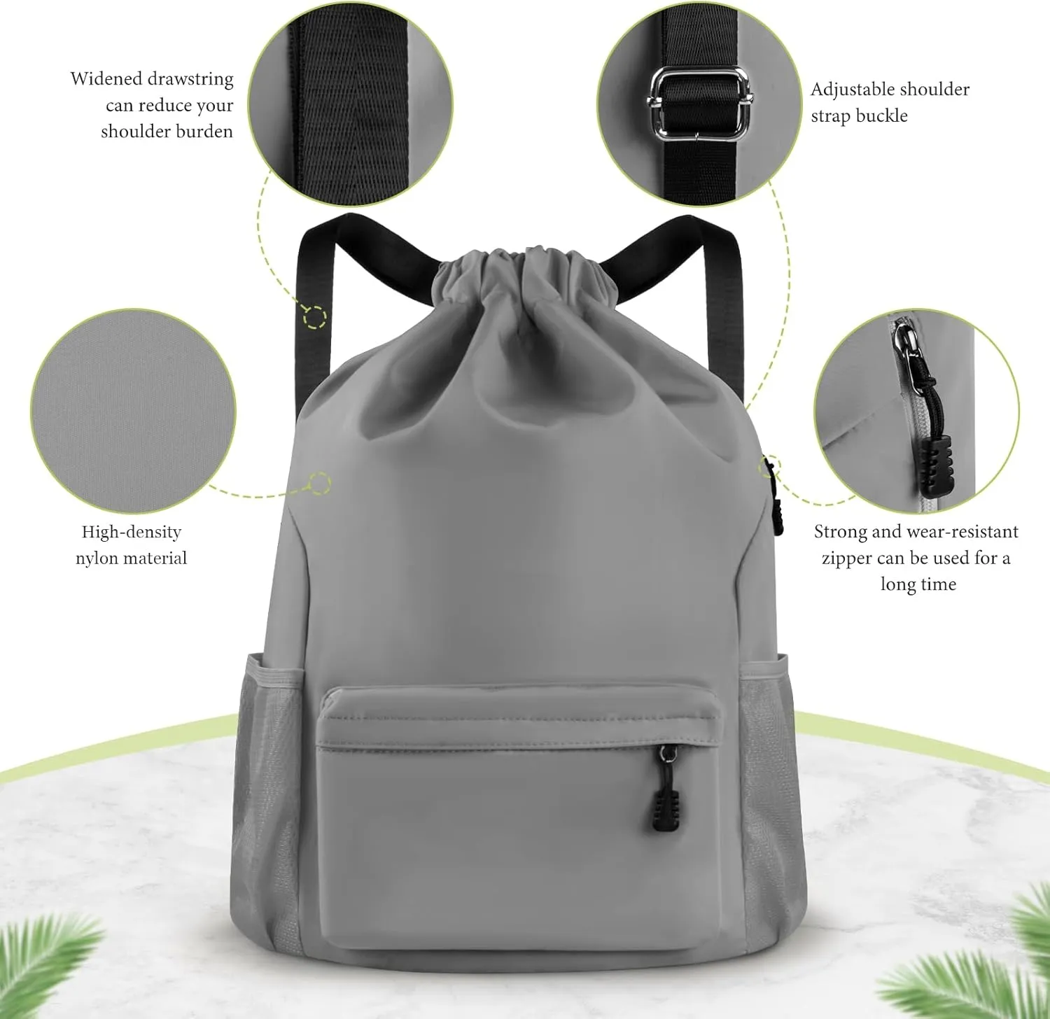 Drawstring Backpack Waterproof Drawstring Backpack Bag Sports Gym Bag with Side Pocket for Women Men (Grey)