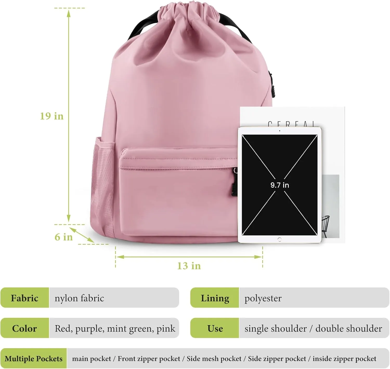 Drawstring Backpack Waterproof Drawstring Backpack Bag Sports Gym Bag with Side Pocket for Women Men (Pink)
