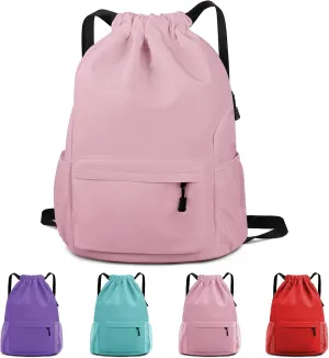 Drawstring Backpack Waterproof Drawstring Backpack Bag Sports Gym Bag with Side Pocket for Women Men (Pink)