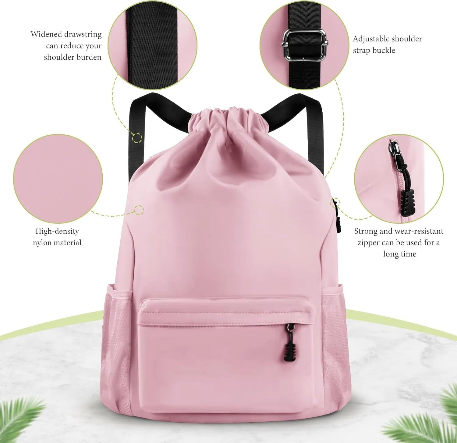 Drawstring Backpack Waterproof Drawstring Backpack Bag Sports Gym Bag with Side Pocket for Women Men (Pink)