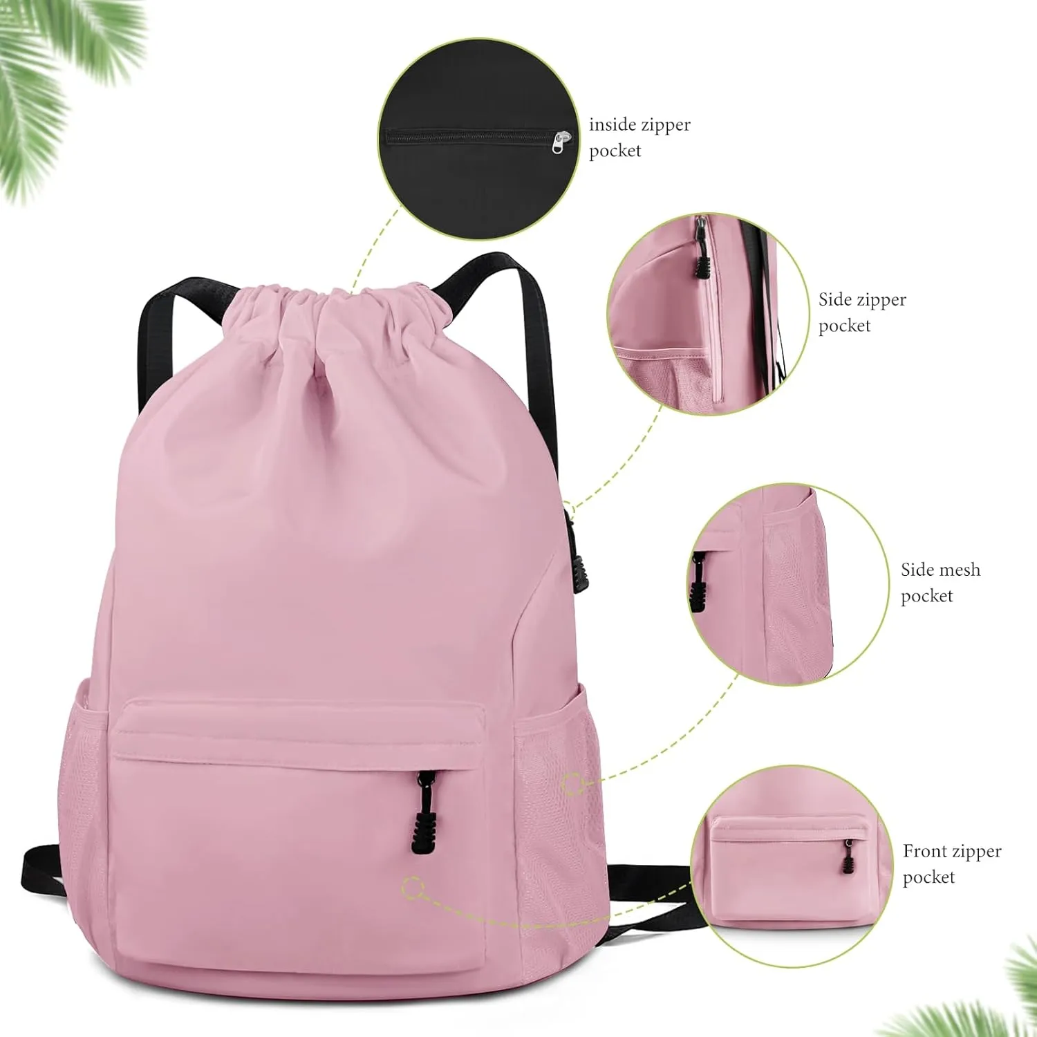 Drawstring Backpack Waterproof Drawstring Backpack Bag Sports Gym Bag with Side Pocket for Women Men (Pink)