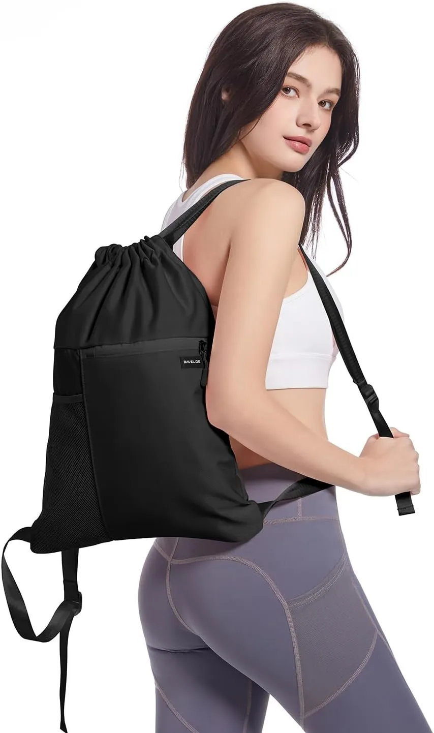Drawstring Backpack with Mesh Pocket Water Resistant String Beach Swim Sports Gym for Women Men (Black)
