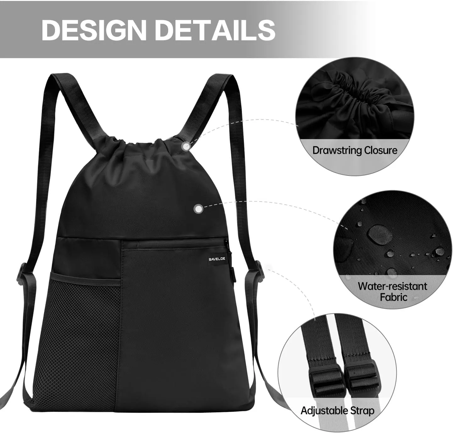 Drawstring Backpack with Mesh Pocket Water Resistant String Beach Swim Sports Gym for Women Men (Black)