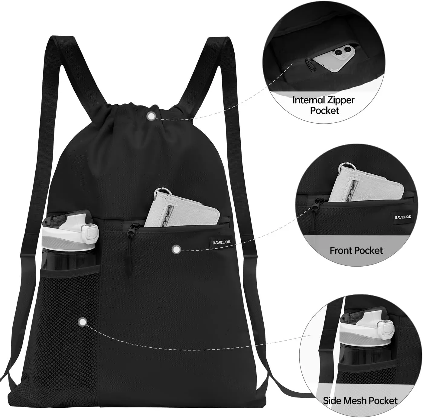 Drawstring Backpack with Mesh Pocket Water Resistant String Beach Swim Sports Gym for Women Men (Black)