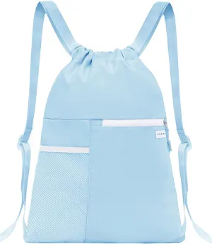 Drawstring Backpack with Mesh Pocket Water Resistant String Beach Swim Sports Gym for Women Men (Light Blue)