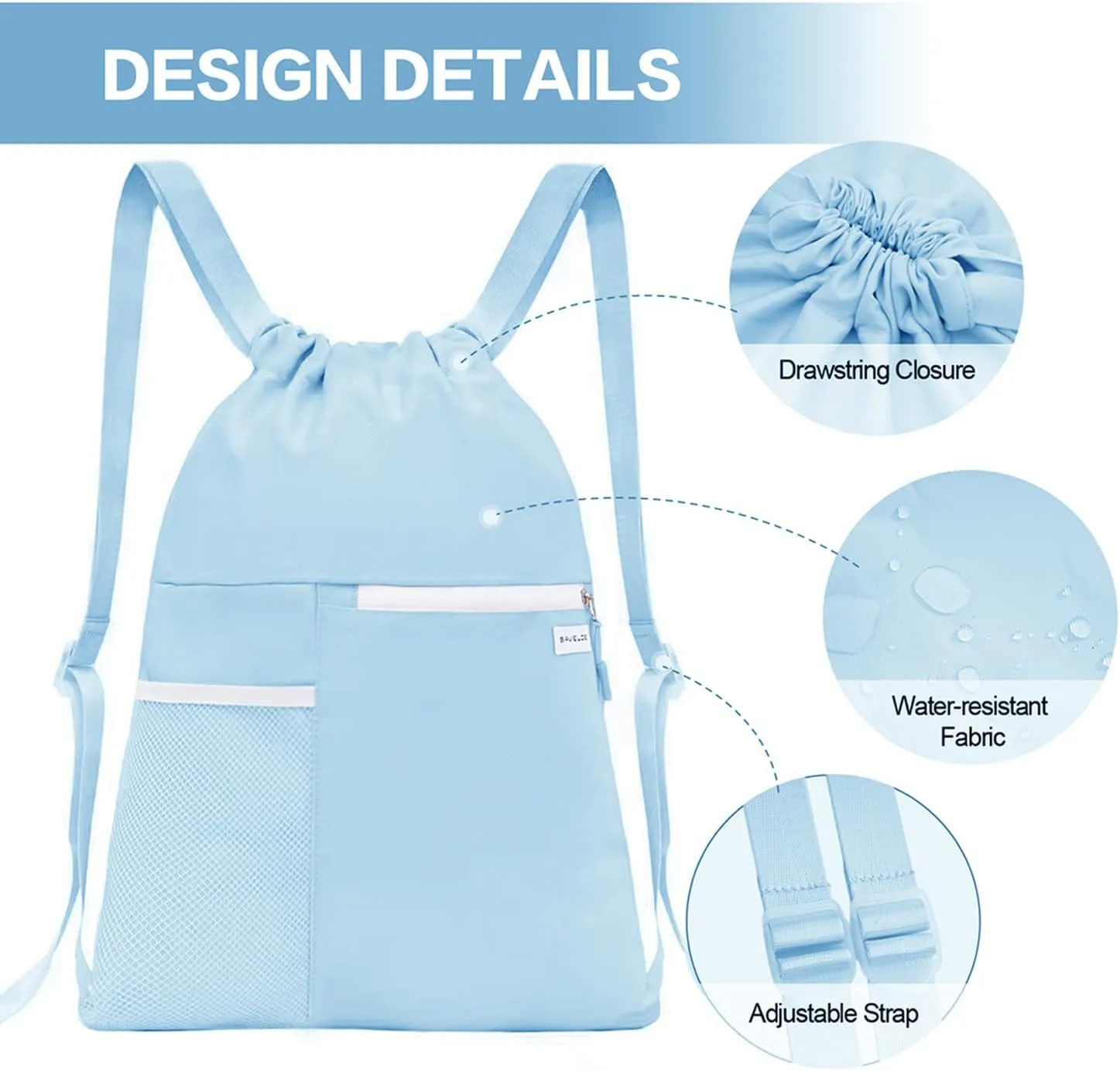 Drawstring Backpack with Mesh Pocket Water Resistant String Beach Swim Sports Gym for Women Men (Light Blue)