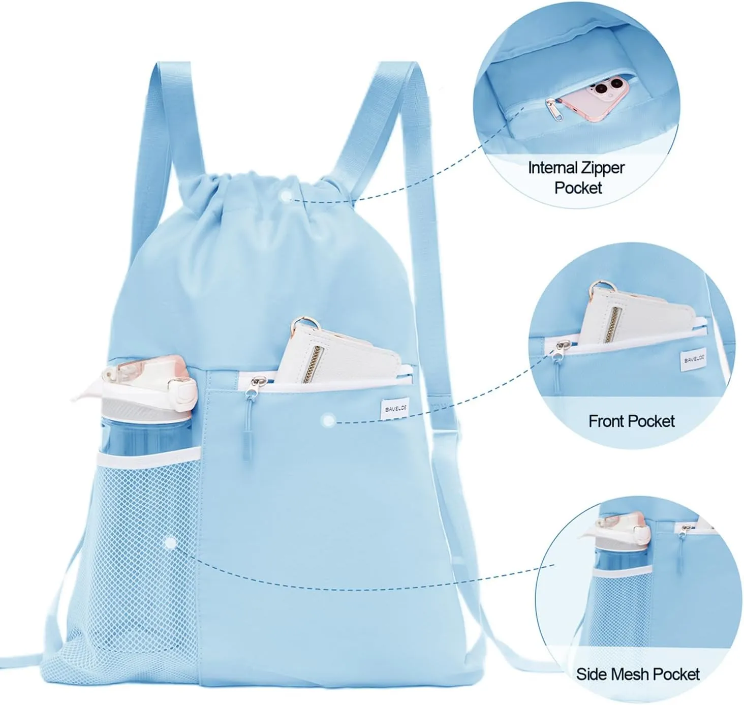 Drawstring Backpack with Mesh Pocket Water Resistant String Beach Swim Sports Gym for Women Men (Light Blue)
