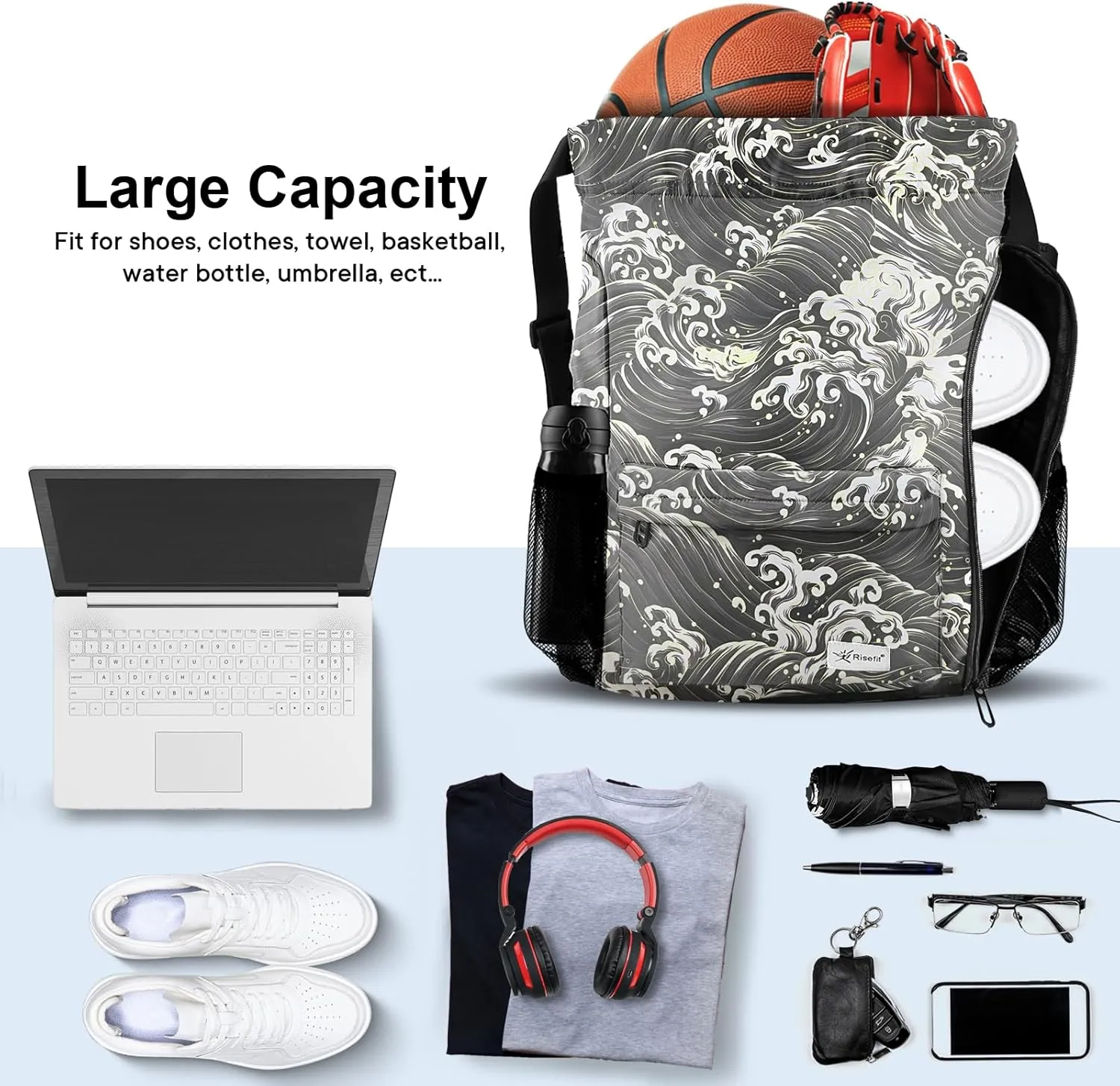 Drawstring Backpack with Mesh Pockets String Gym Bag Sackpack Sandproof Water Resistant Beach Backpack for Men Women