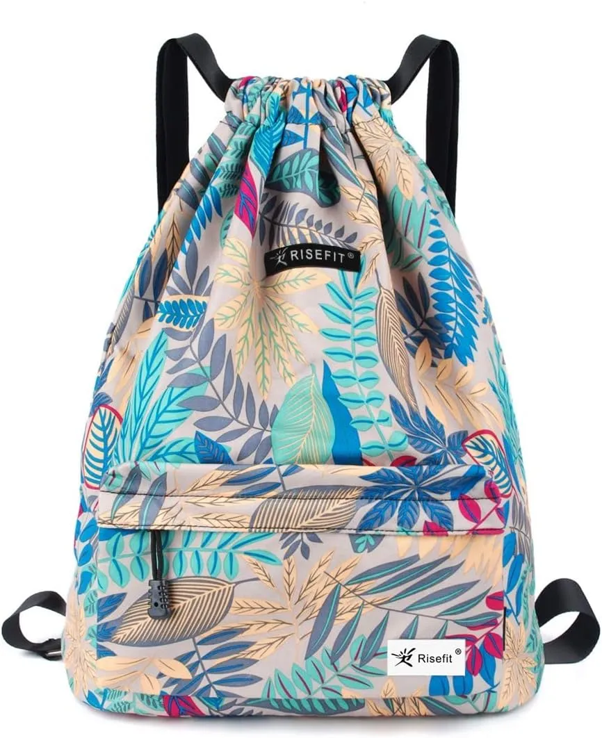 Drawstring Backpack with Mesh Pockets String Gym Bag Sackpack Sandproof Water Resistant Beach Backpack for Men Women