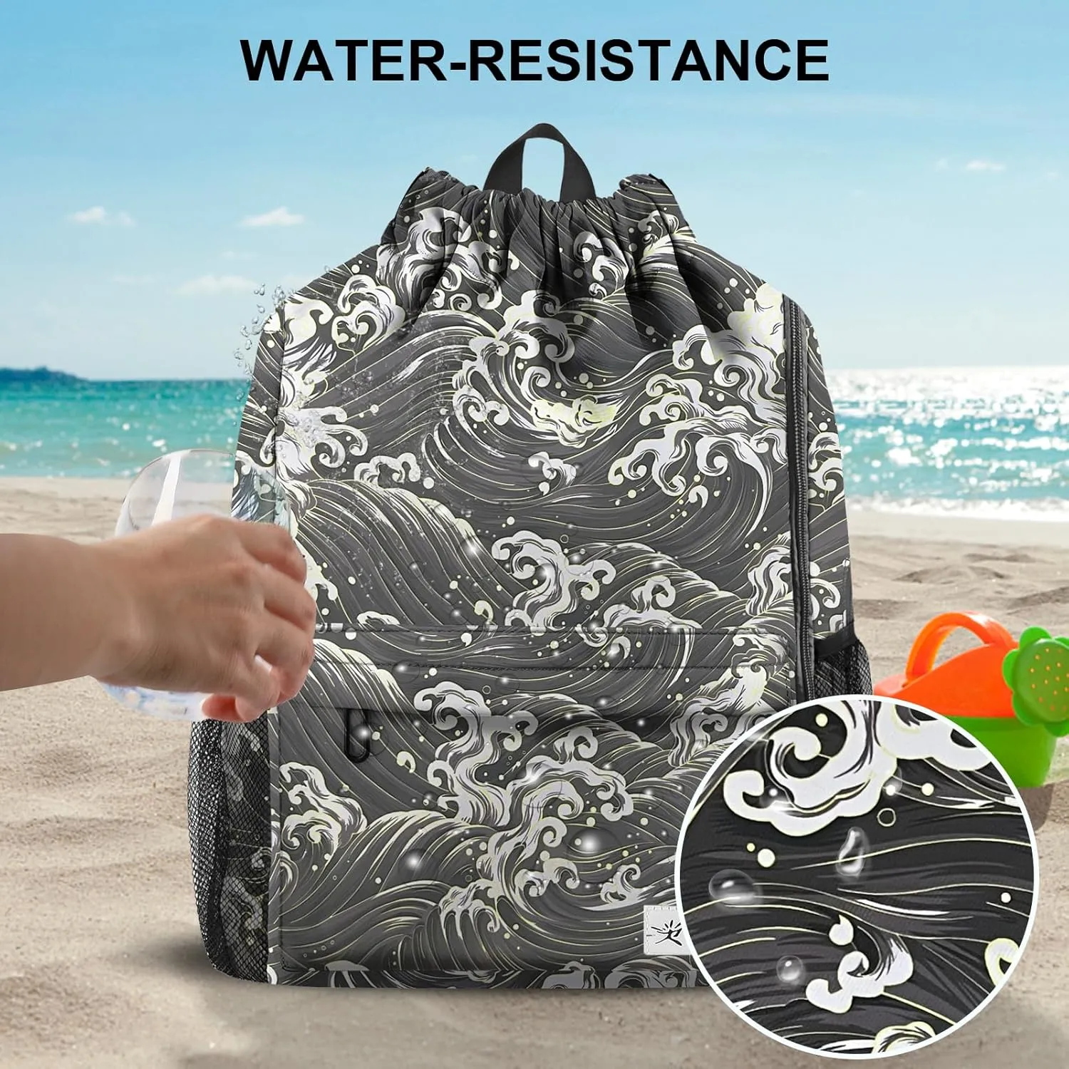 Drawstring Backpack with Mesh Pockets String Gym Bag Sackpack Sandproof Water Resistant Beach Backpack for Men Women