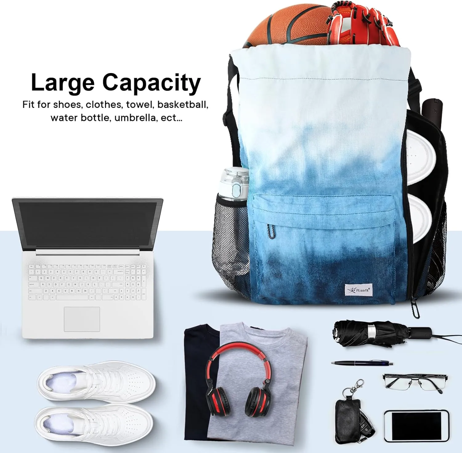 Drawstring Backpack with Mesh Pockets String Gym Bag Sackpack Sandproof Water Resistant Beach Backpack for Men Women