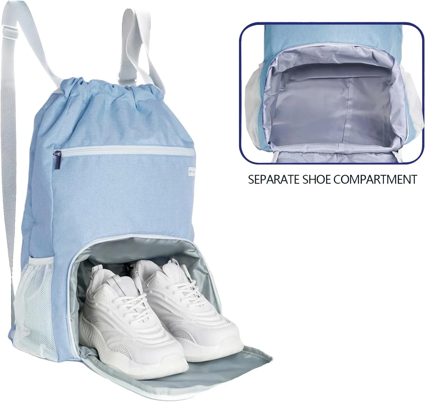 Drawstring Backpack with Wet Pocket & Shoe Compartment, Water-Resistant Sports Gym Swim String Bag for Women Men(Sky Blue)