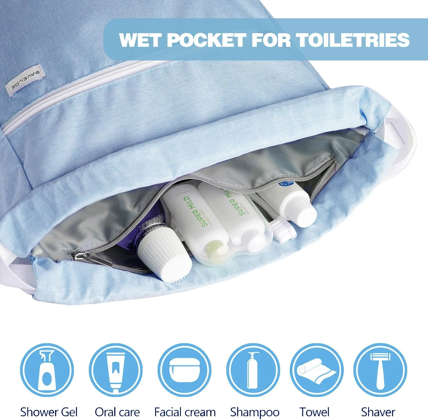 Drawstring Backpack with Wet Pocket & Shoe Compartment, Water-Resistant Sports Gym Swim String Bag for Women Men(Sky Blue)