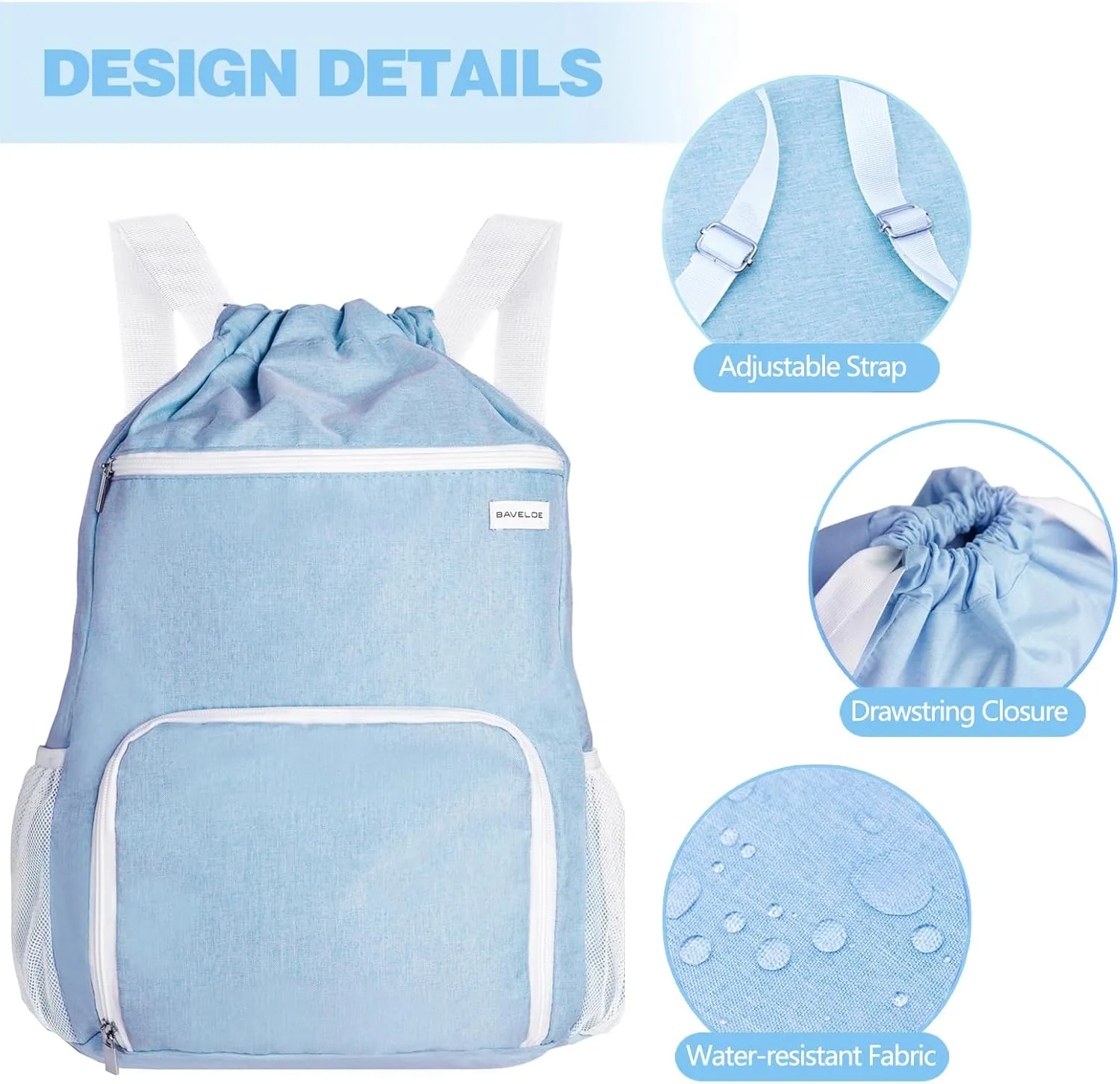 Drawstring Backpack with Wet Pocket & Shoe Compartment, Water-Resistant Sports Gym Swim String Bag for Women Men(Sky Blue)