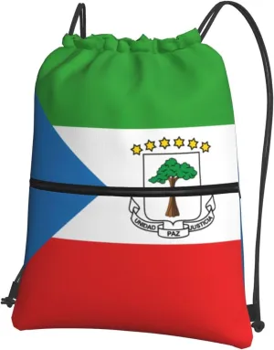 Drawstring Backpack with Zip Pockets, Equatorial Guinea Flag Print Lightweight string Bag Travel Gym Sack, Hiking, Yoga