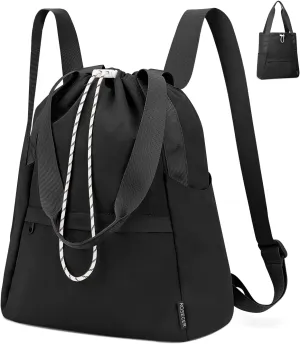 Drawstring Gym Backpack with Wet Pocket, Beach Backpack for Swim, Travel Tote Bags for Women, Water Resistant Shoulder Bag, Handbag for Travel Workout, Black