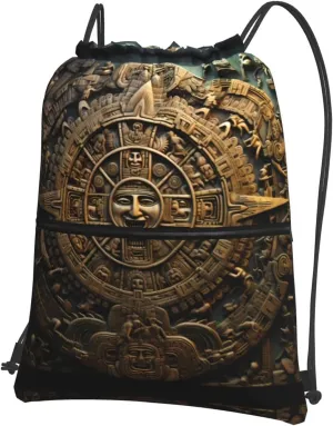 Drawstring Zipper Backpack - Lightweight and Durable Bag for Gym, Sports, Travel, and More Mayan Calendar End of The World Prints, Black, One Size