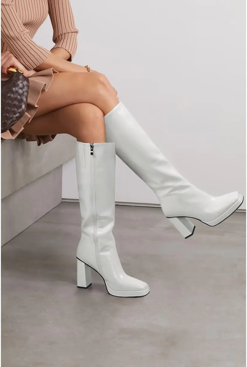 Dsevht Dark Red Leather Knee High Boots for Women Platform Chunky Block Heeled Burgundy Boots Square Toe and Side Zipper Design Fashion Dress 70s Gogo Boots