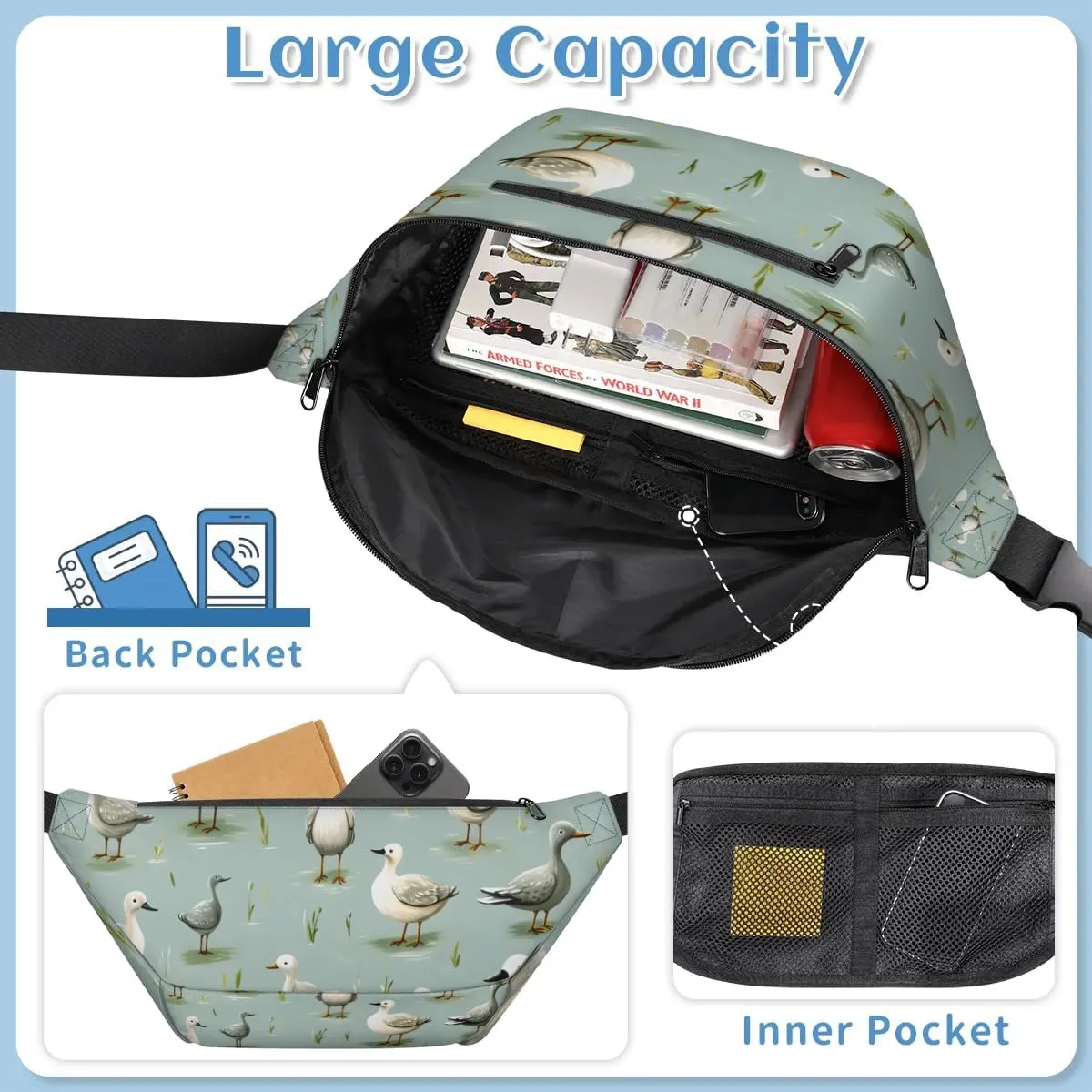 Ducks Printed Sling Bag Crossbody Backpack Chest Daypack for Women Sport Travel Hiking Casual Bag Multipurpose Waist Pack With Zipper Closure Adjustable Strap Shoulder Bag