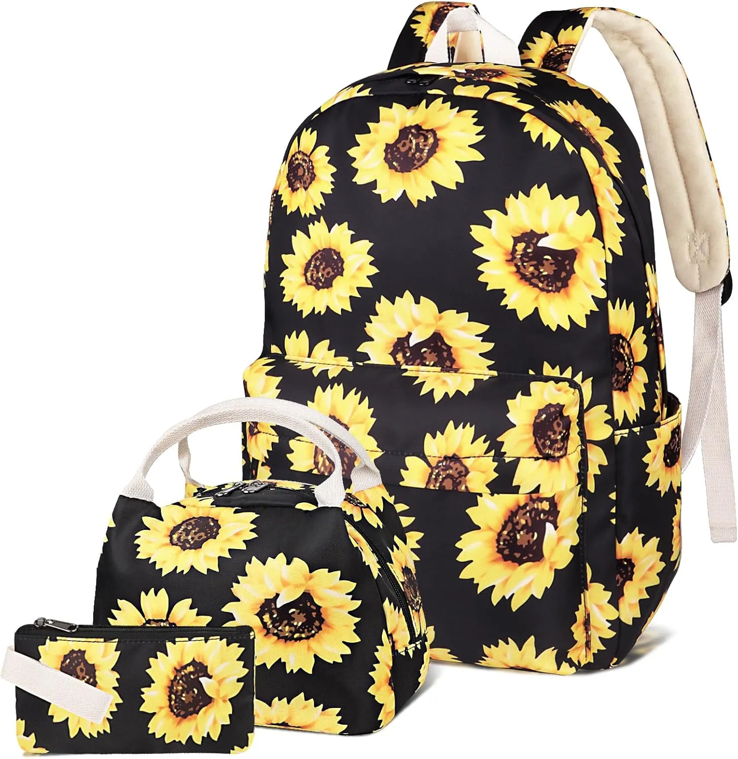 DUPHLAGT Kids Backpack for Girls with Lunch Box, Water Resistant Casual School Bag, Pencil Case, Lightweight Elementary Daypack School Backpack for Teen Girls (Sunflower)