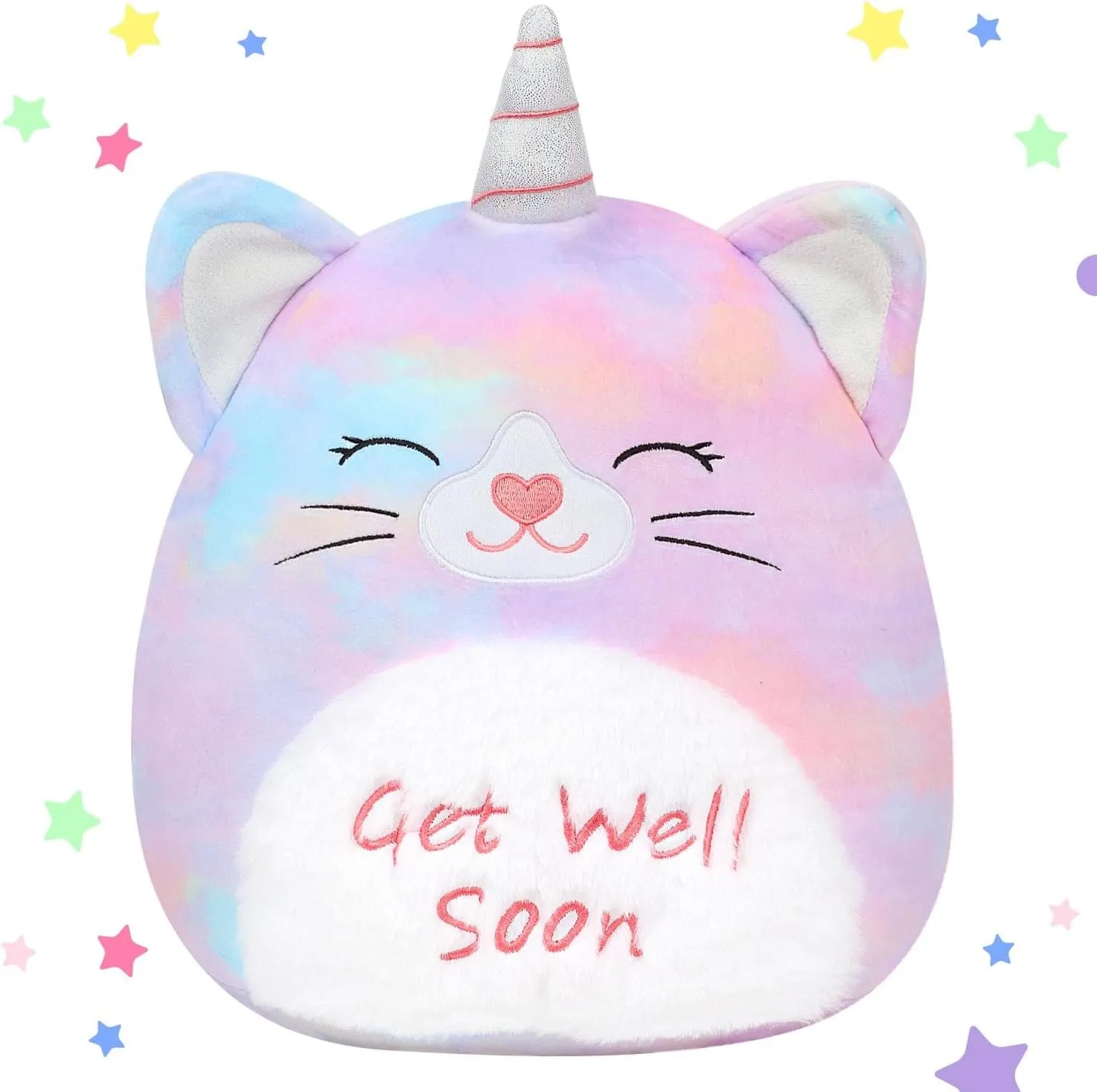 Easfan 13'' Get Well Soon Unicorn Cat Plush Pillow Soft Cute Stuffed Animal with Silver Horn Get Well Soon Gifts for Kids Patient Feel Better for Women Men, Brown