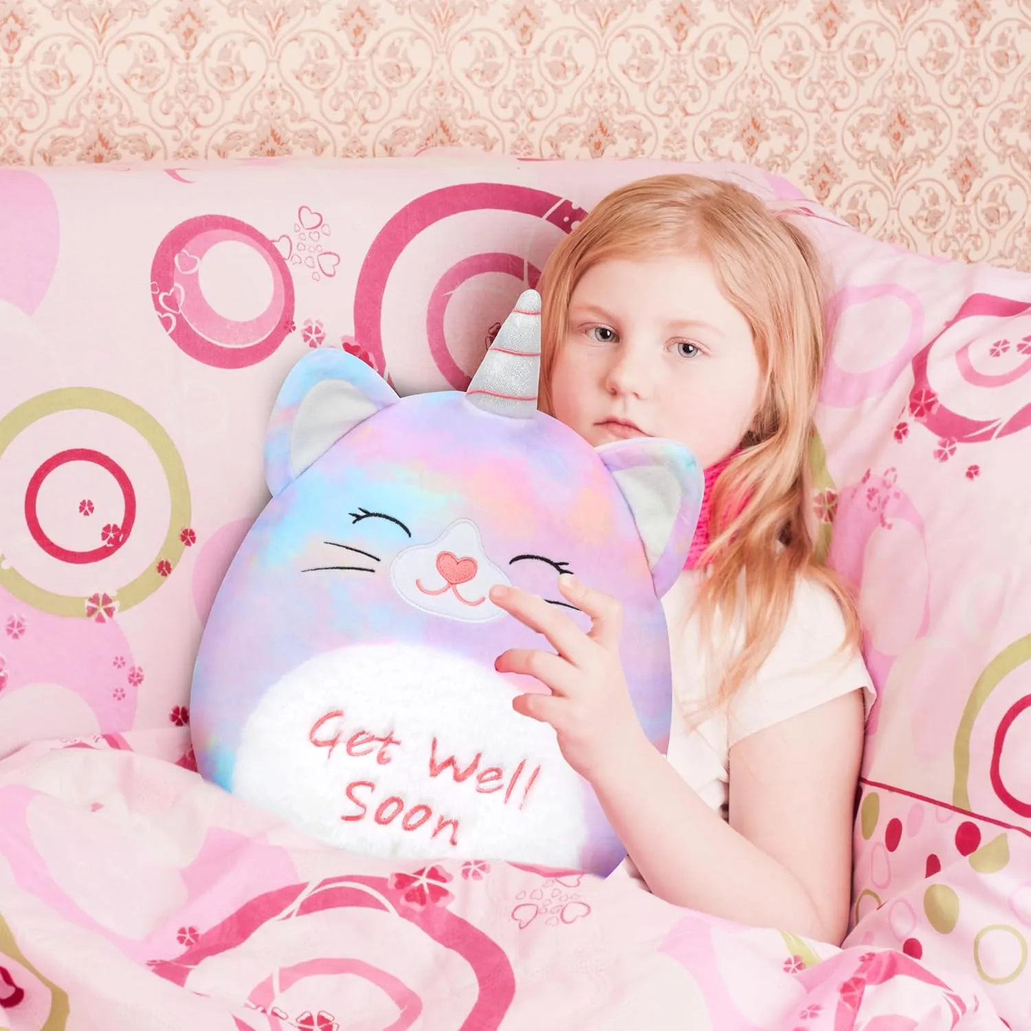 Easfan 13'' Get Well Soon Unicorn Cat Plush Pillow Soft Cute Stuffed Animal with Silver Horn Get Well Soon Gifts for Kids Patient Feel Better for Women Men, Brown
