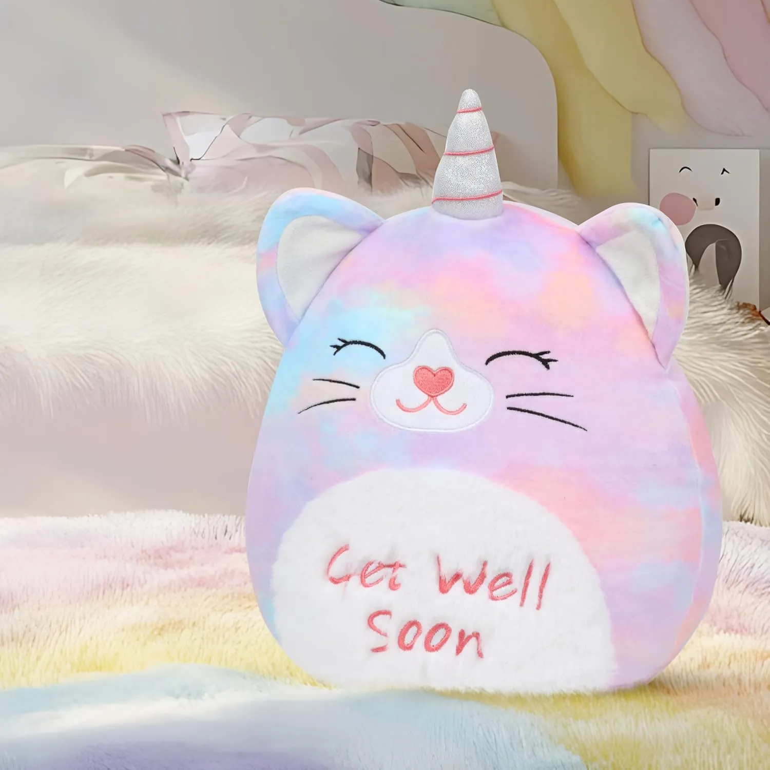 Easfan 13'' Get Well Soon Unicorn Cat Plush Pillow Soft Cute Stuffed Animal with Silver Horn Get Well Soon Gifts for Kids Patient Feel Better for Women Men, Brown