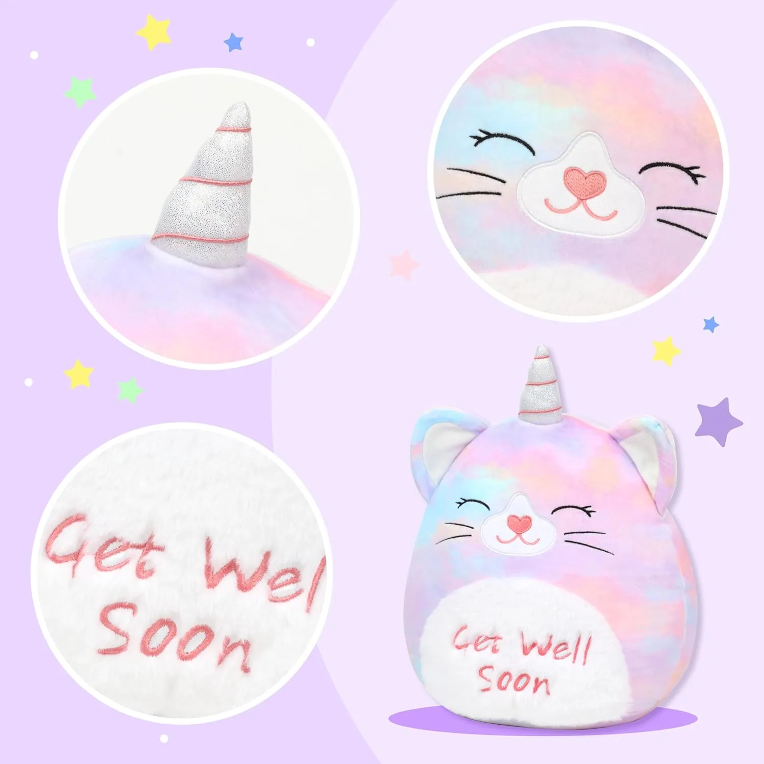 Easfan 13'' Get Well Soon Unicorn Cat Plush Pillow Soft Cute Stuffed Animal with Silver Horn Get Well Soon Gifts for Kids Patient Feel Better for Women Men, Brown