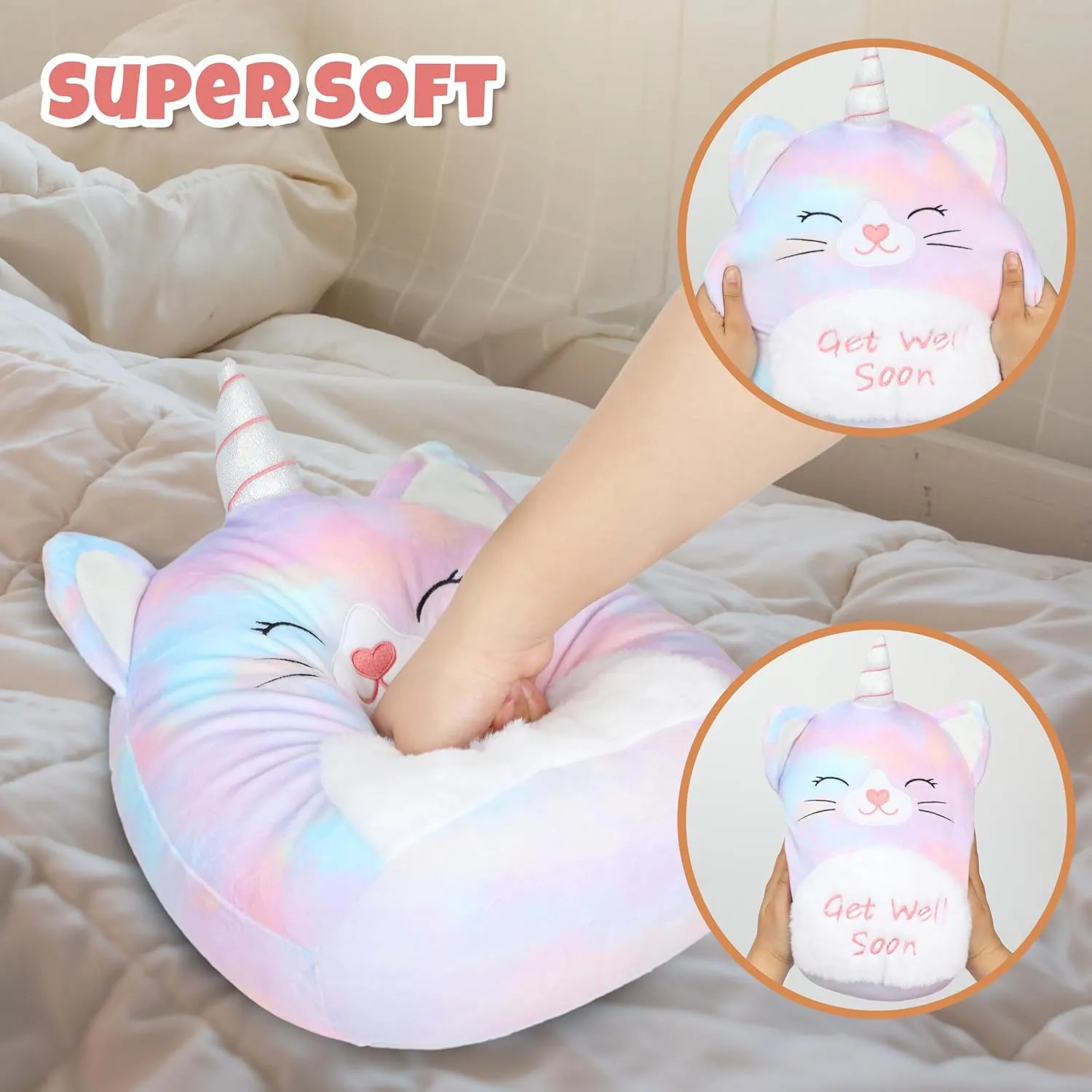 Easfan 13'' Get Well Soon Unicorn Cat Plush Pillow Soft Cute Stuffed Animal with Silver Horn Get Well Soon Gifts for Kids Patient Feel Better for Women Men, Brown