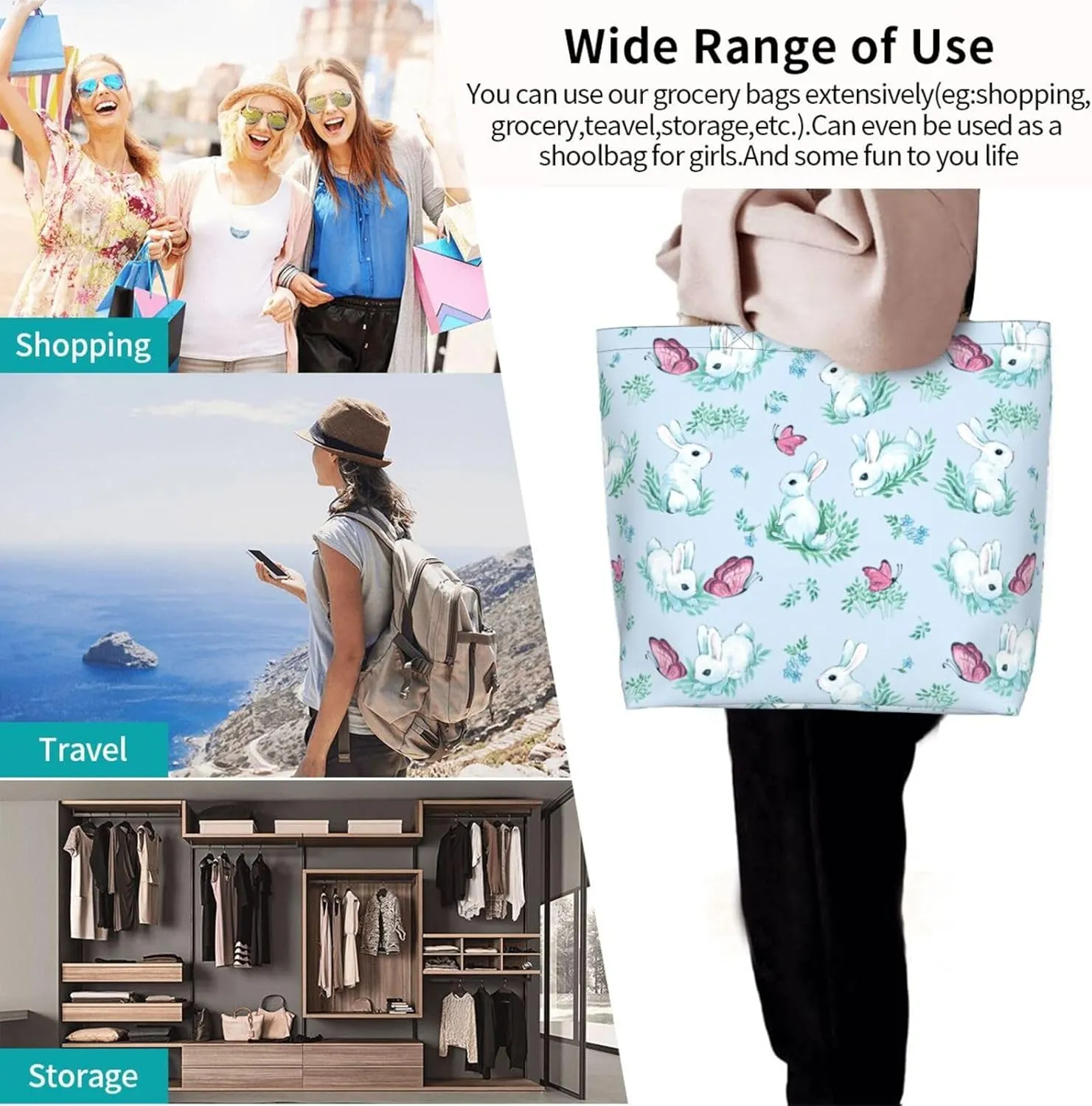 Easter Bags, Easter Bunny Tote Bag for Women Men Reusable Rabbits Shoulder Bag for Shopping, Beach, Travel, Work, Gym