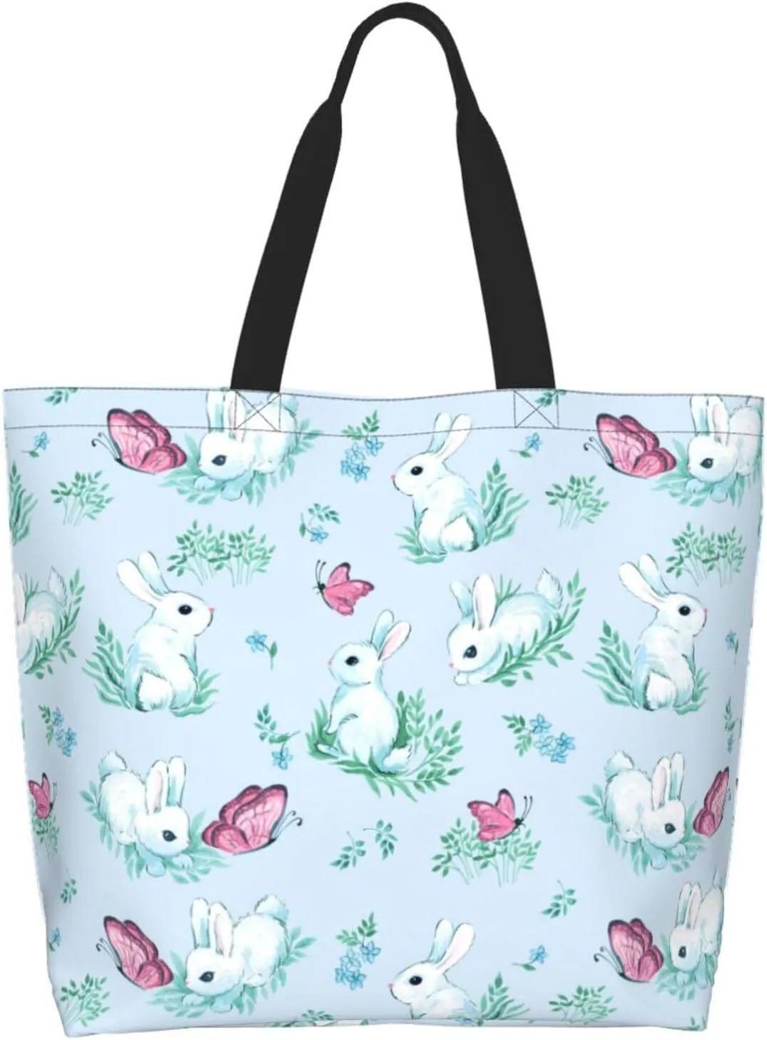 Easter Bags, Easter Bunny Tote Bag for Women Men Reusable Rabbits Shoulder Bag for Shopping, Beach, Travel, Work, Gym