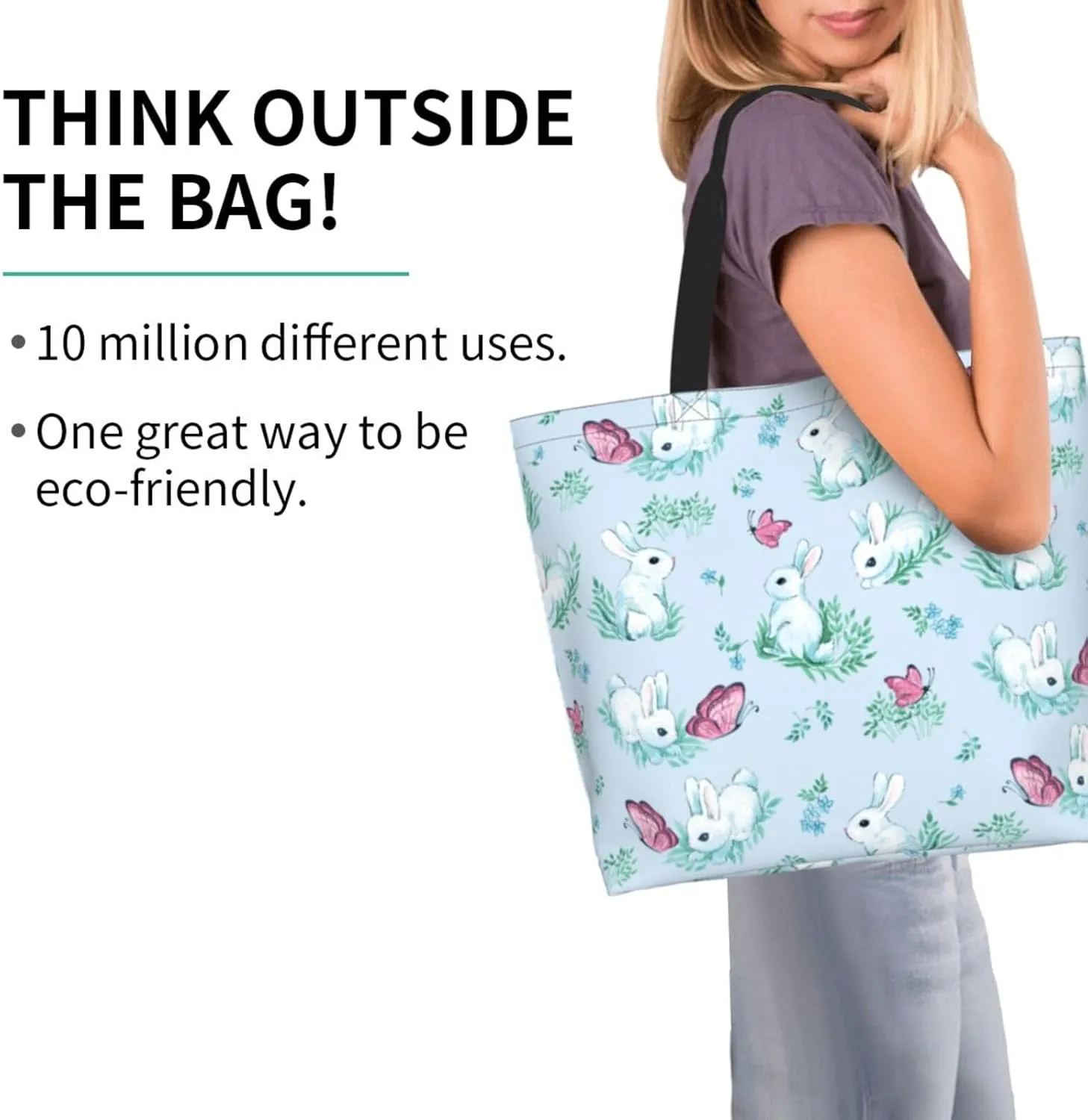 Easter Bags, Easter Bunny Tote Bag for Women Men Reusable Rabbits Shoulder Bag for Shopping, Beach, Travel, Work, Gym