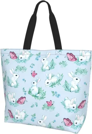 Easter Bags, Easter Bunny Tote Bag for Women Men Reusable Rabbits Shoulder Bag for Shopping, Beach, Travel, Work, Gym